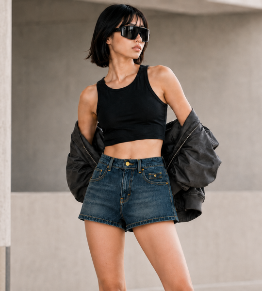QUẦN SHORT JEAN NỮ FELIAN FORM BẦU NHẸ CẠP CAO XANH INDIGO ĐẬM TÚI NẮP HIỆN ĐẠI